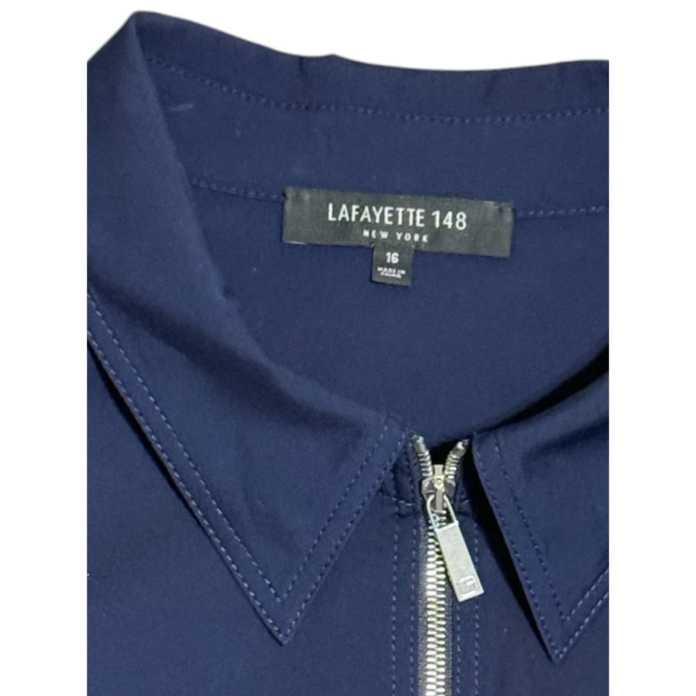 Lafayette 148 New York Zip Front Blouse Sz 16 Navy Stretch Cotton Collared Top - Picture 12 of 14